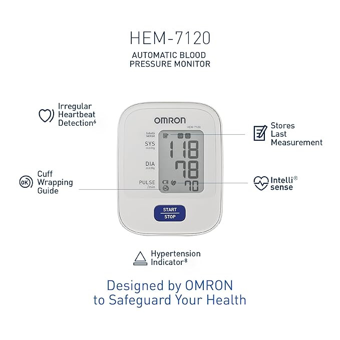 Omron HEM 7120 Automatic Blood Pressure Monitor with IntelliSense – Accurate Digital BP Machine for Home Use (22–32 cm Cuff)